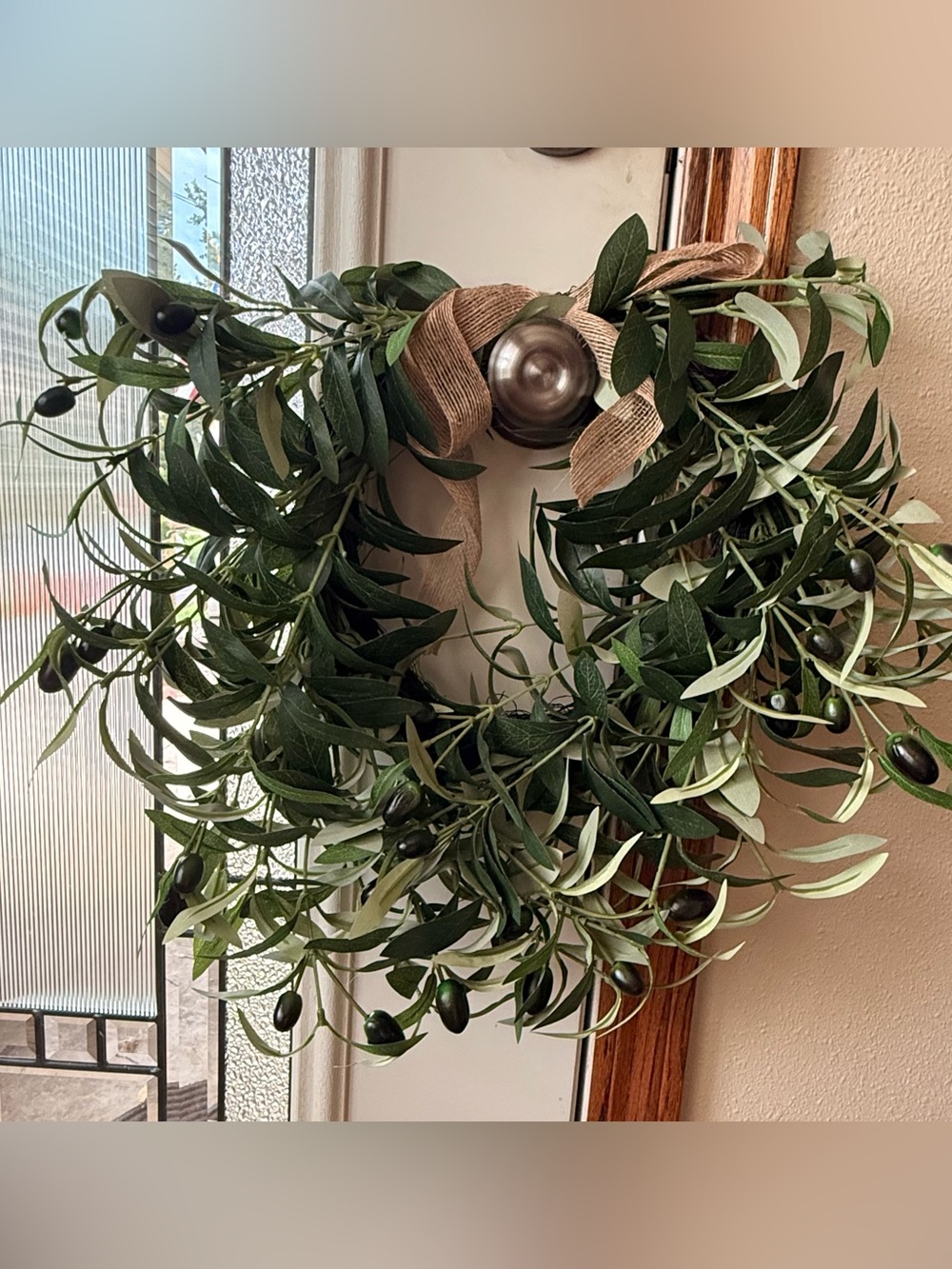 Olive Leaf Decorative Wreath with Burlap Bow